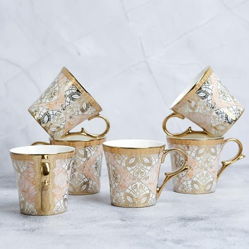Femora Ethnic Desert Sand Gold Ceramic Tea and Coffee Mugs |180 ML | Golden Tea Cup Set of 6 | (NOT Microwave Safe) - Image 5