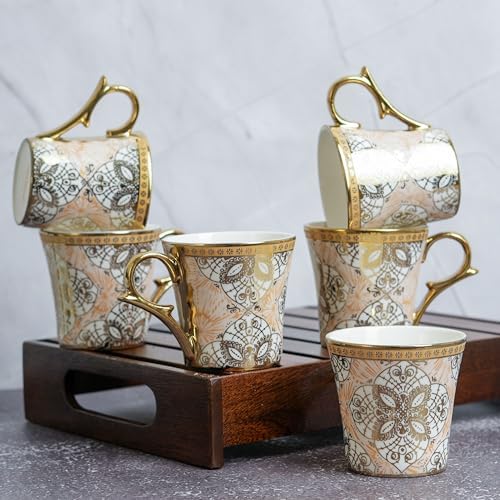 Femora Ethnic Desert Sand Gold Ceramic Tea and Coffee Mugs |180 ML | Golden Tea Cup Set of 6 | (NOT Microwave Safe) - Image 3