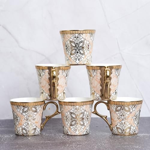 Femora Ethnic Desert Sand Gold Ceramic Tea and Coffee Mugs |180 ML | Golden Tea Cup Set of 6 | (NOT Microwave Safe) - Image 1