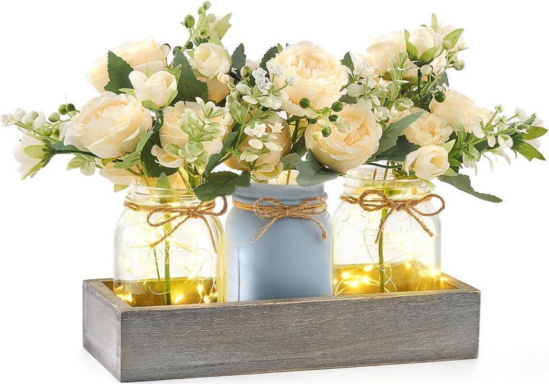 Mkono Mason Jar Lights Centerpiece Table Decor for Dining Room Farmhouse Wood Tray with 3 Jars Flowers Center Pieces Spring Decor for Coffee Table Kitchen Living Room Grey Blue