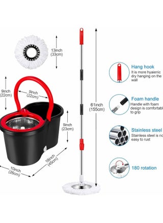 Premium Quality 360° Easy Spin Mop And Bucket Set Home Cleaner| Extended Easy Press Stainless Steel Handle -2 pcs Microfiber Washable Mop with Dryer Basket For Home Kitchen Floor Cleaning (BLACK) - view 2