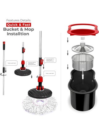 Premium Quality 360° Easy Spin Mop And Bucket Set Home Cleaner| Extended Easy Press Stainless Steel Handle -2 pcs Microfiber Washable Mop with Dryer Basket For Home Kitchen Floor Cleaning (BLACK) - view 3
