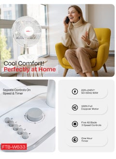 Electro General Table Fan - 16 inch (40 cm) - All Copper Motor (74*18 mm) - 5 Powerful AS Blades - 3 Speed ​​Settings - 1 Hour Timer - Elegant White and Grey Design - Without Remote Control Model FTB-W633  - Image 3