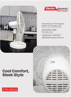 Electro General Table Fan - 16 inch (40 cm) - All Copper Motor (74*18 mm) - 5 Powerful AS Blades - 3 Speed ​​Settings - 1 Hour Timer - Elegant White and Grey Design - Without Remote Control Model FTB-W633  - Image 4