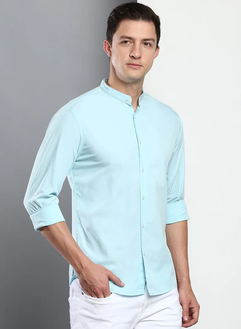 Dennis Lingo Slim Fit Light Blue Men's Solid Shirt, Spread Collar, Full Sleeves, 100% Cotton,