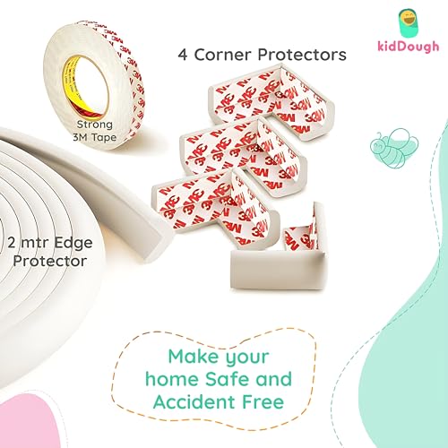 KidDough Baby Proofing Safety Strip, Furniture Edge and Corner Guard - 2 Meters White Edge Protector + 4 Corner Guards, Corner Protector for Sharp Edges, Baby Safety Products - Image 5