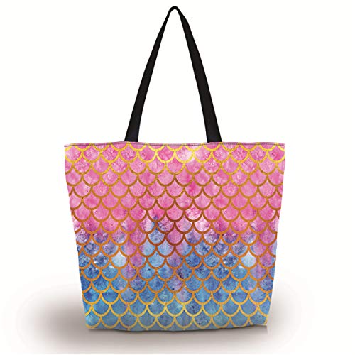 Baocool Gym Bag Shopping tote bagsWomen Men Boys Girls Travel Beach Grocery shoulder bag with ZipperReusable Gym Picnic Work Daily Use Mermaid Scale