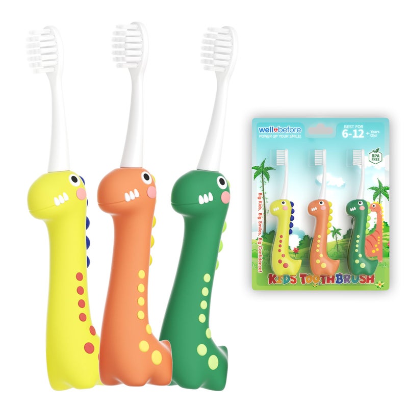 Well Before Dinosaur Kids Toothbrush, 0.12mm Soft Filament Toddler Toothbrush for Kids 6-12 Make Brushing Fun and Protect Kids Delicate Teeth (Pack of 3) - Image 1
