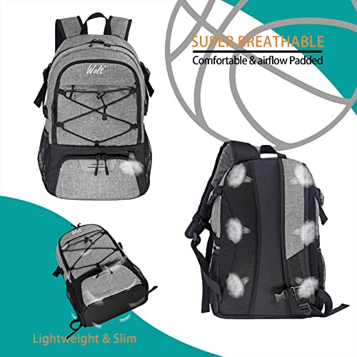 WOLT | Basketball Backpack Large Sports Bag with Separate Ball Holder & Shoes Compartment, Gifts for Basketball, Soccer, Volleyball, Swim, Gym, Travel(Grey) - Image 5