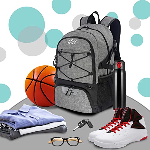 WOLT | Basketball Backpack Large Sports Bag with Separate Ball Holder & Shoes Compartment, Gifts for Basketball, Soccer, Volleyball, Swim, Gym, Travel(Grey) - Image 3