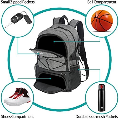 WOLT | Basketball Backpack Large Sports Bag with Separate Ball Holder & Shoes Compartment, Gifts for Basketball, Soccer, Volleyball, Swim, Gym, Travel(Grey) - Image 4