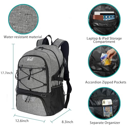 WOLT | Basketball Backpack Large Sports Bag with Separate Ball Holder & Shoes Compartment, Gifts for Basketball, Soccer, Volleyball, Swim, Gym, Travel(Grey) - Image 2
