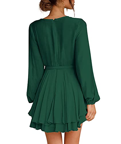 Cosonsen Womens Cocktail Dress Deep V-Neck Long Sleeve Tie Waist Flowy Dresses Green XS - Image 3