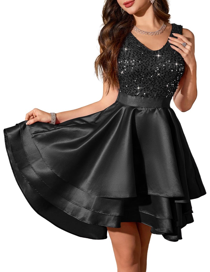 Meetjen Formal Dresses for Women 2026 Satin Short Prom Homecoming Party Dress Fancy V Neck Cocktail Bridesmaid Dance Ball Gown Vestidos Black XL - Image 1