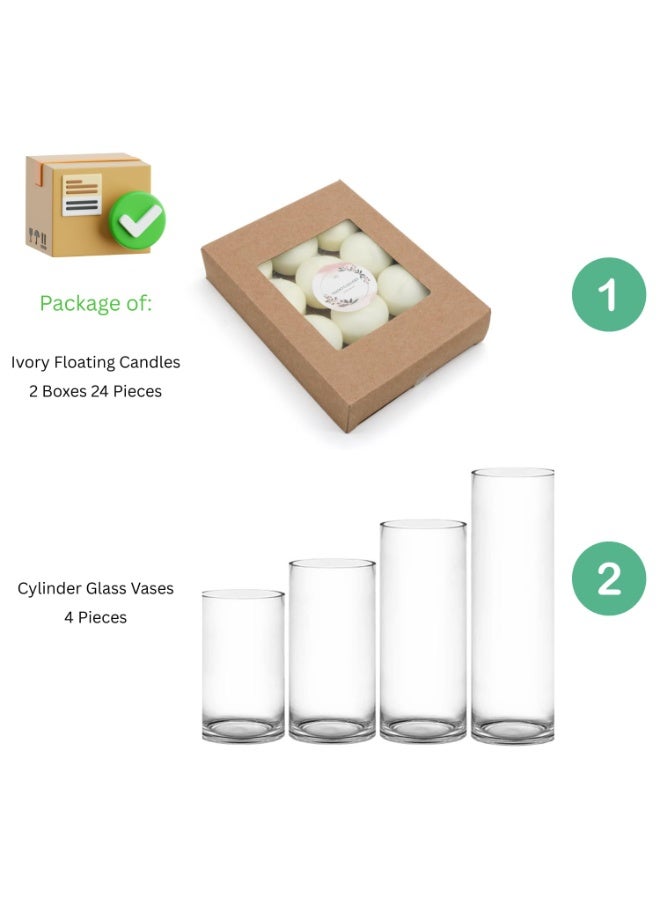 Mado Gallery Glass Cylinder Vases Set of 4 with 24 Ivory Floating Candles | Clear Flower & Candle Holders for Home, Events & Weddings | Floating & Pillar Candles - Image 2