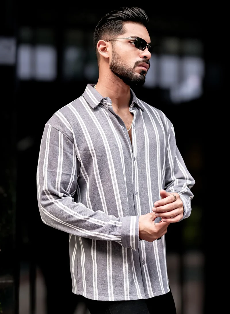 Maniac  Maniac Mens Vertical Stripes Full Sleeve Terry Fabric Grey Slim Fit Shirt for Men | Best Price UAE