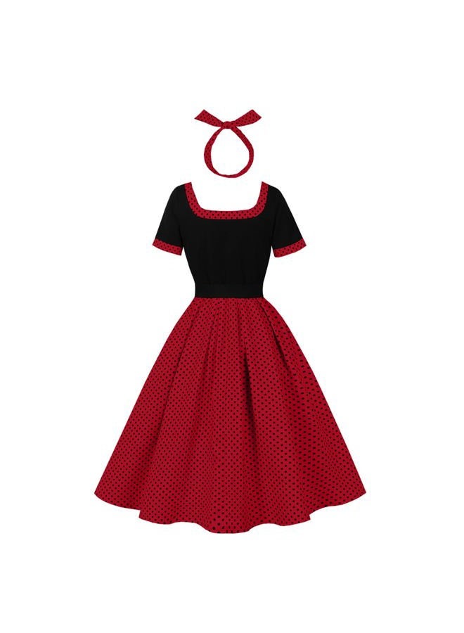 ODIZLI 1950s Retro Vintage Dress with Pockets for Women Short Sleeve Polka Dot Belted Swing Dress and Headband, Black Red, L - Image 2