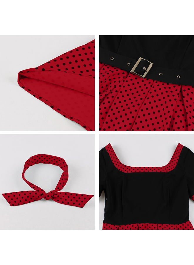 ODIZLI 1950s Retro Vintage Dress with Pockets for Women Short Sleeve Polka Dot Belted Swing Dress and Headband, Black Red, L - Image 4
