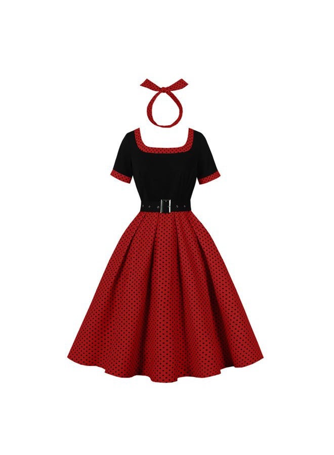ODIZLI 1950s Retro Vintage Dress with Pockets for Women Short Sleeve Polka Dot Belted Swing Dress and Headband, Black Red, L - Image 1