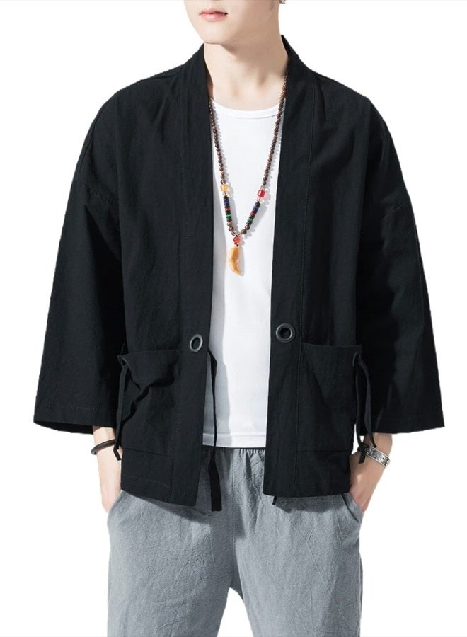 Ambcol Men's Japanese Kimono Cardigan Loose Cotton Linen 3/4 Sleeve Open Front Casual Summer Shirt Jackets 01- Black Medium - Image 1