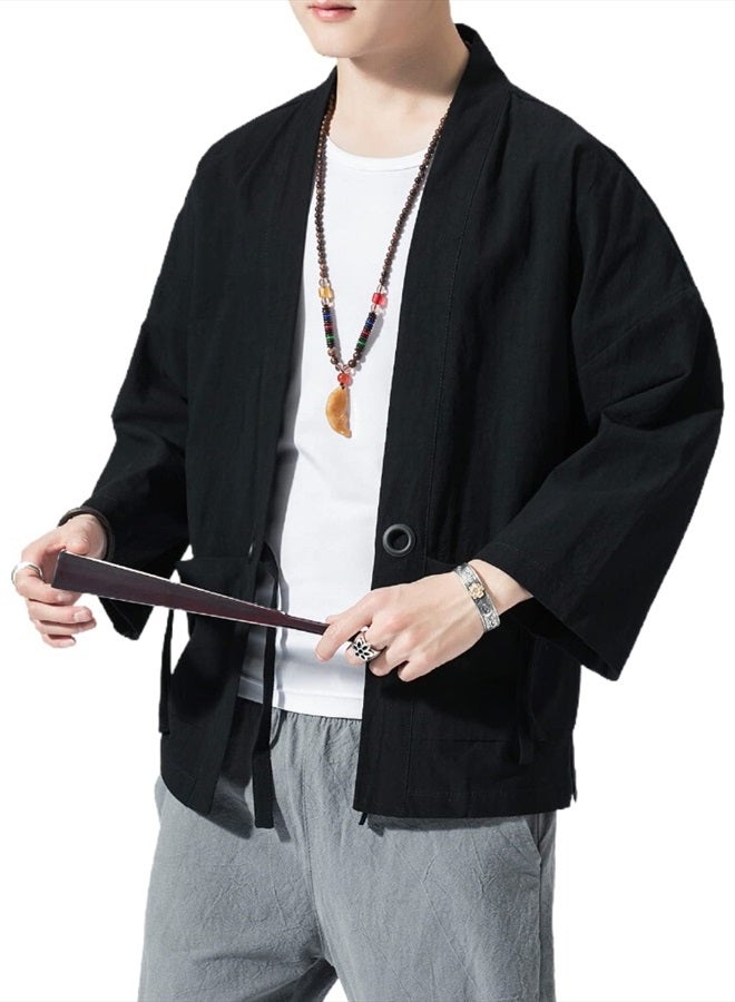 Ambcol Men's Japanese Kimono Cardigan Loose Cotton Linen 3/4 Sleeve Open Front Casual Summer Shirt Jackets 01- Black Medium - Image 4