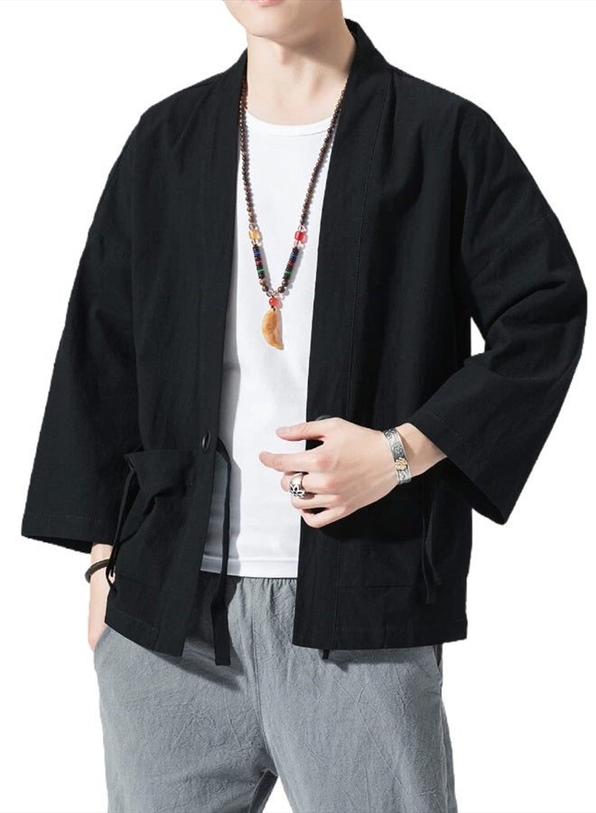 Ambcol Men's Japanese Kimono Cardigan Loose Cotton Linen 3/4 Sleeve Open Front Casual Summer Shirt Jackets 01- Black Medium - Image 5