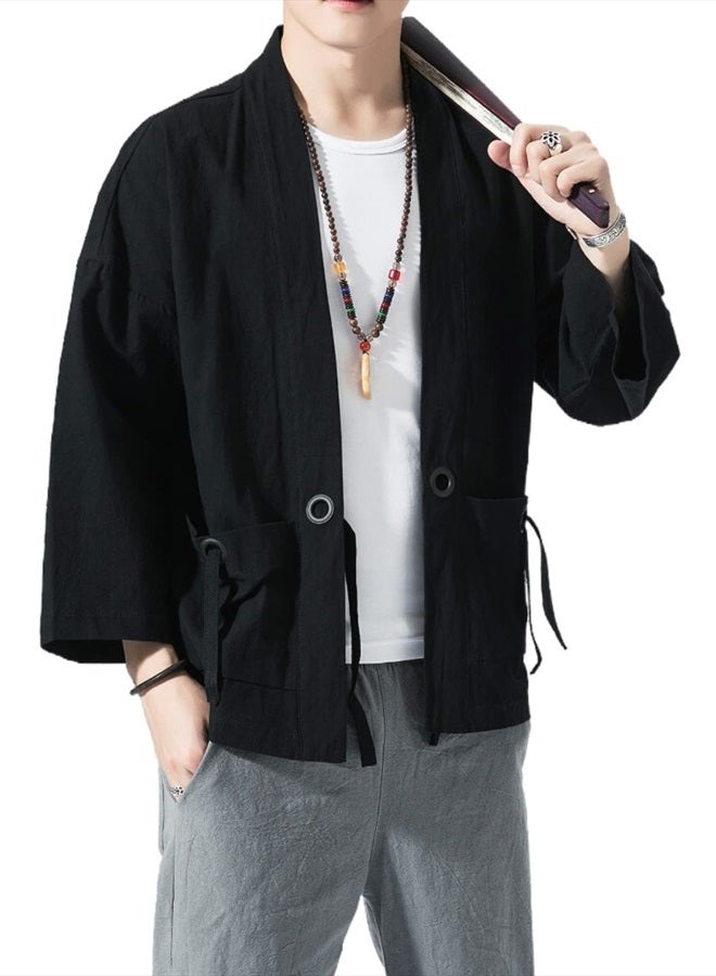 Ambcol Men's Japanese Kimono Cardigan Loose Cotton Linen 3/4 Sleeve Open Front Casual Summer Shirt Jackets 01- Black Medium - Image 3
