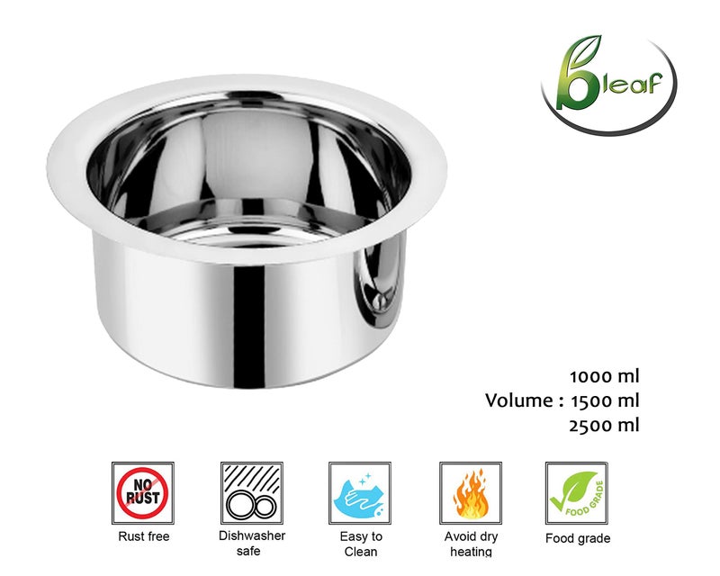BLeaf Stainless Steel-Flat Bottom Tope with Lid/Heavy Guage Tope with Lid (Pack of 3) (1L, 1.5L, 2.5L) - Image 5