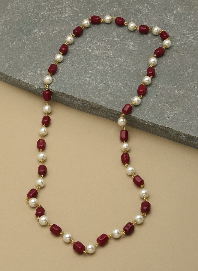 Zaveri Pearls قلادة طويلة مزينة بخرز من زافيري بيرلز باللونين العنابي والأبيض للنساء - ZPFK12104 - Image 3