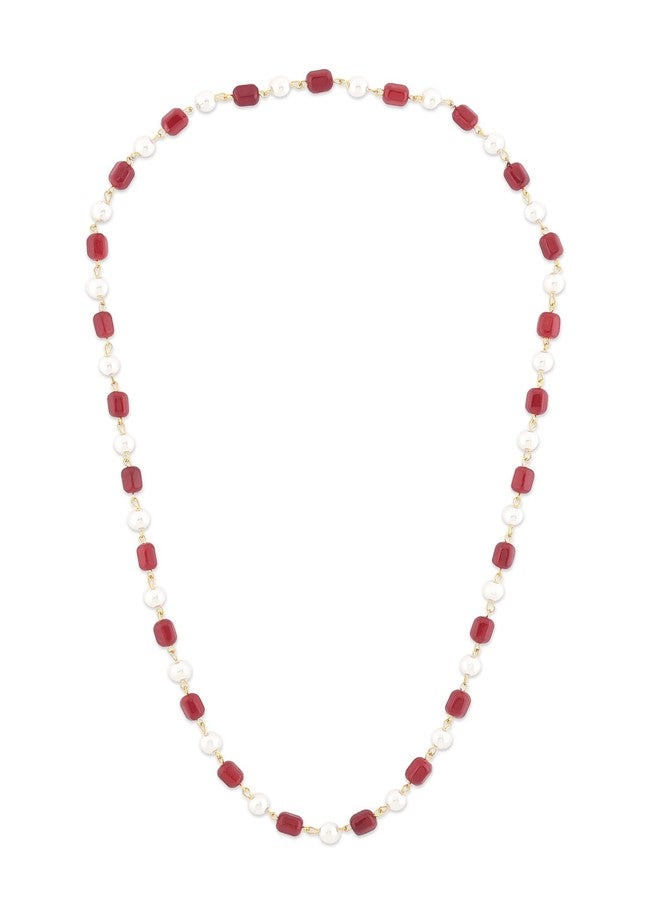 Zaveri Pearls قلادة طويلة مزينة بخرز من زافيري بيرلز باللونين العنابي والأبيض للنساء - ZPFK12104 - Image 1