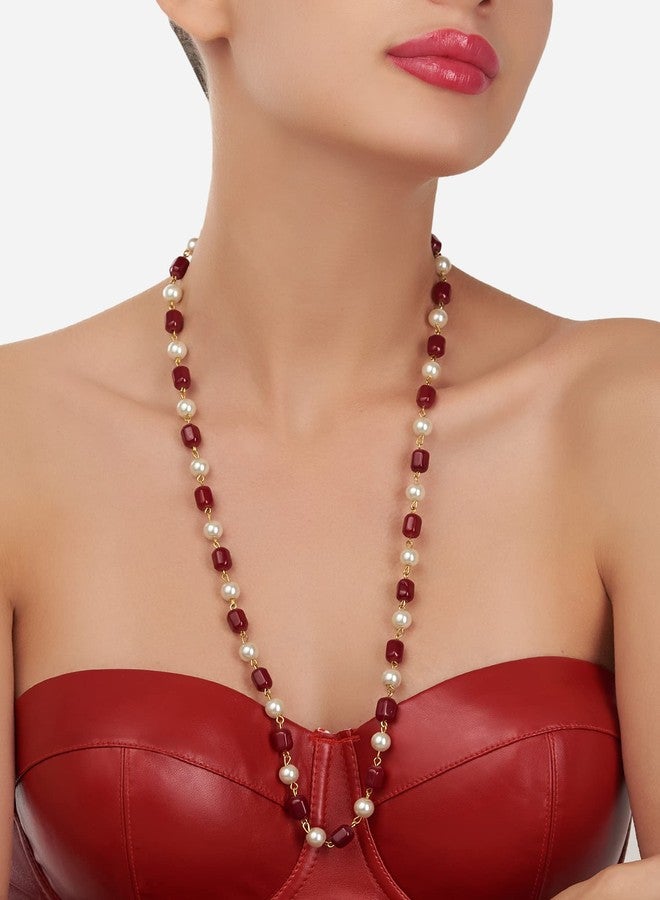 Zaveri Pearls قلادة طويلة مزينة بخرز من زافيري بيرلز باللونين العنابي والأبيض للنساء - ZPFK12104 - Image 2