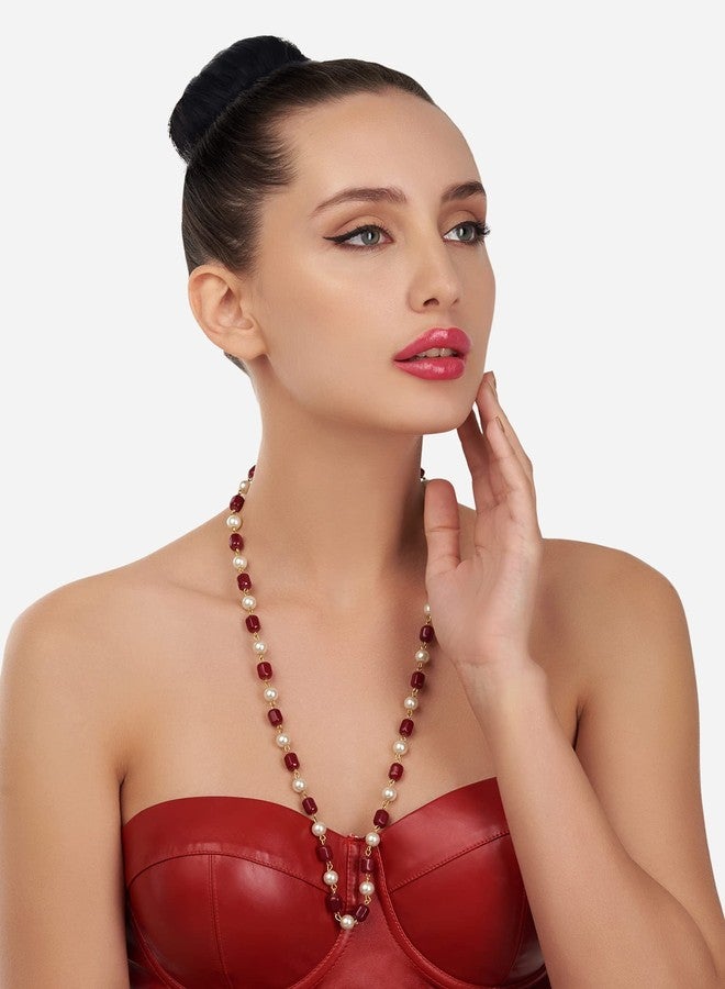 Zaveri Pearls قلادة طويلة مزينة بخرز من زافيري بيرلز باللونين العنابي والأبيض للنساء - ZPFK12104 - Image 4