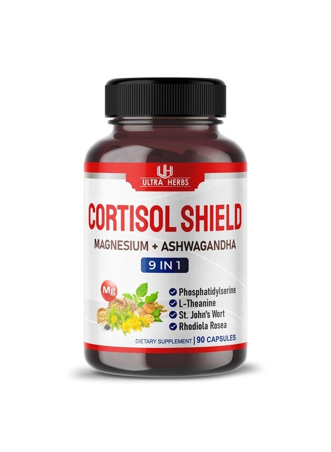 ULTRA HERBS درع الكورتيزول 9 في 1 - 15,250 ملغ مغنيسيوم + أشواغاندا مع فوسفاتيديل سيرين، إل-ثيانين، نبتة سانت جون، روديولا روزيا - دعم الاسترخاء، توازن الهرمونات - صنع في الولايات المتحدة (90 حبة (عبوة واحدة)) - Image 1