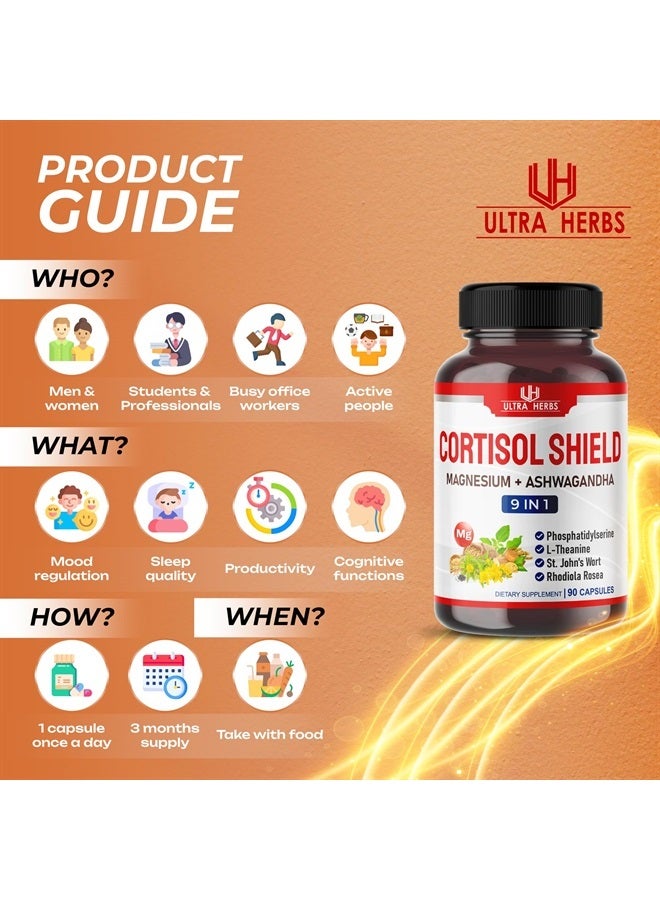 ULTRA HERBS درع الكورتيزول 9 في 1 - 15,250 ملغ مغنيسيوم + أشواغاندا مع فوسفاتيديل سيرين، إل-ثيانين، نبتة سانت جون، روديولا روزيا - دعم الاسترخاء، توازن الهرمونات - صنع في الولايات المتحدة (90 حبة (عبوة واحدة)) - Image 5