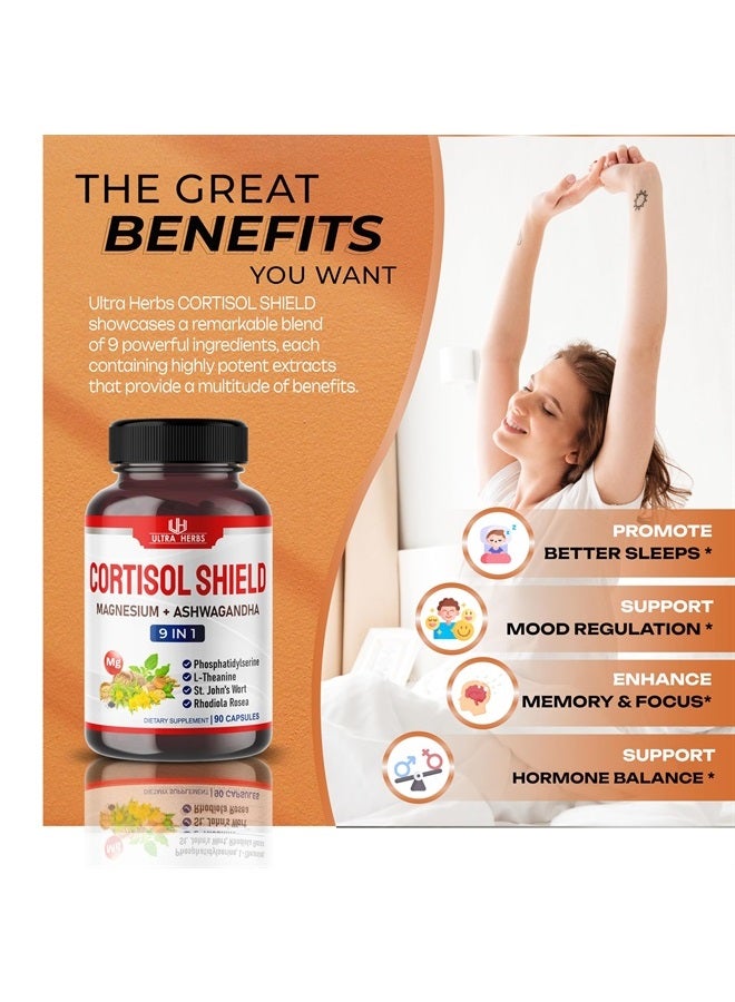 ULTRA HERBS درع الكورتيزول 9 في 1 - 15,250 ملغ مغنيسيوم + أشواغاندا مع فوسفاتيديل سيرين، إل-ثيانين، نبتة سانت جون، روديولا روزيا - دعم الاسترخاء، توازن الهرمونات - صنع في الولايات المتحدة (90 حبة (عبوة واحدة)) - Image 4