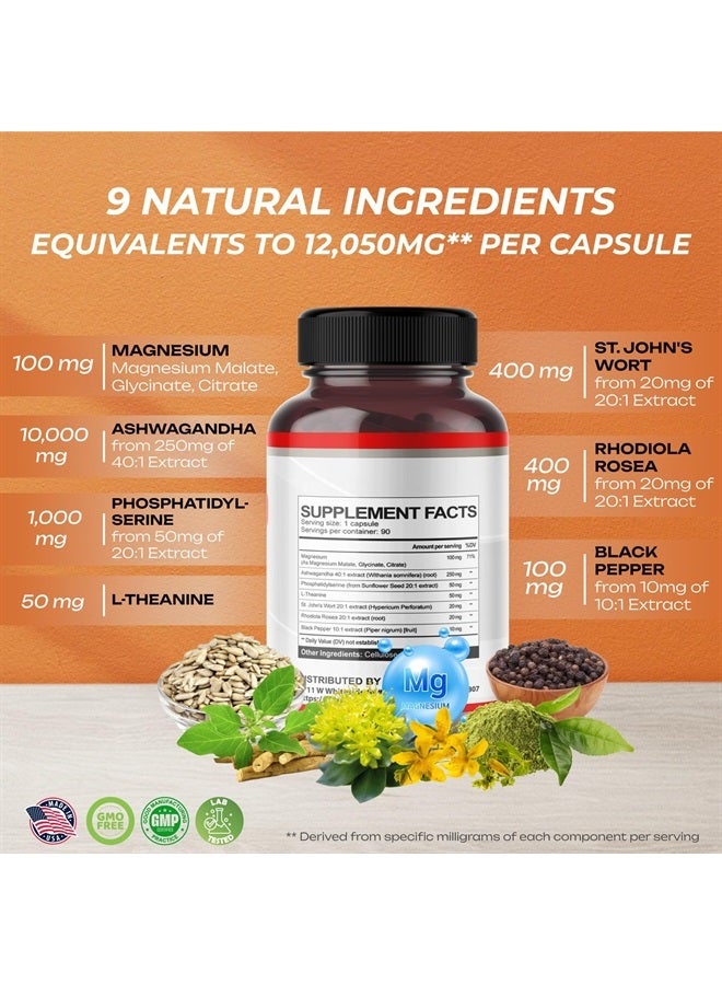 ULTRA HERBS درع الكورتيزول 9 في 1 - 15,250 ملغ مغنيسيوم + أشواغاندا مع فوسفاتيديل سيرين، إل-ثيانين، نبتة سانت جون، روديولا روزيا - دعم الاسترخاء، توازن الهرمونات - صنع في الولايات المتحدة (90 حبة (عبوة واحدة)) - Image 3