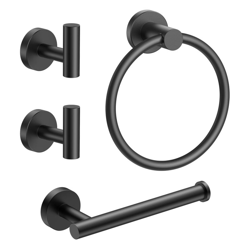 FORIOUS 4 Piece Black Bathroom Accessories SUS304 Stainless Steel Toilet Paper Holder and Hand Towel Holder Set Wall Mounted Bathroom Hardware Set with Towel Ring and Hooks