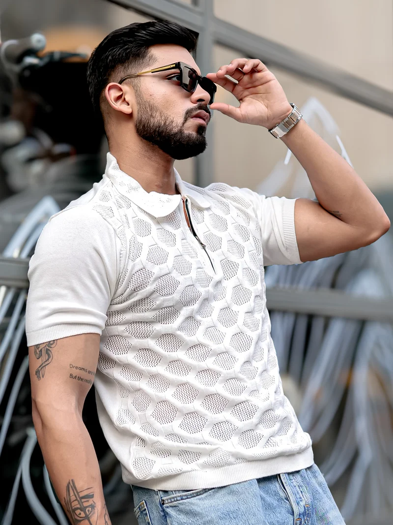 Maniac  Maniac Mens solid textured half zip polo neck half sleeve white cotton t-shirt for Men | Best Price UAE