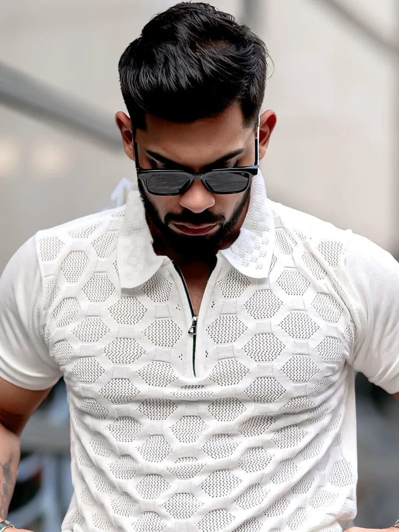 مانياك تيشيرت بولو رجالي مانياك أبيض قطن نصف كم سادة بنصف سحاب