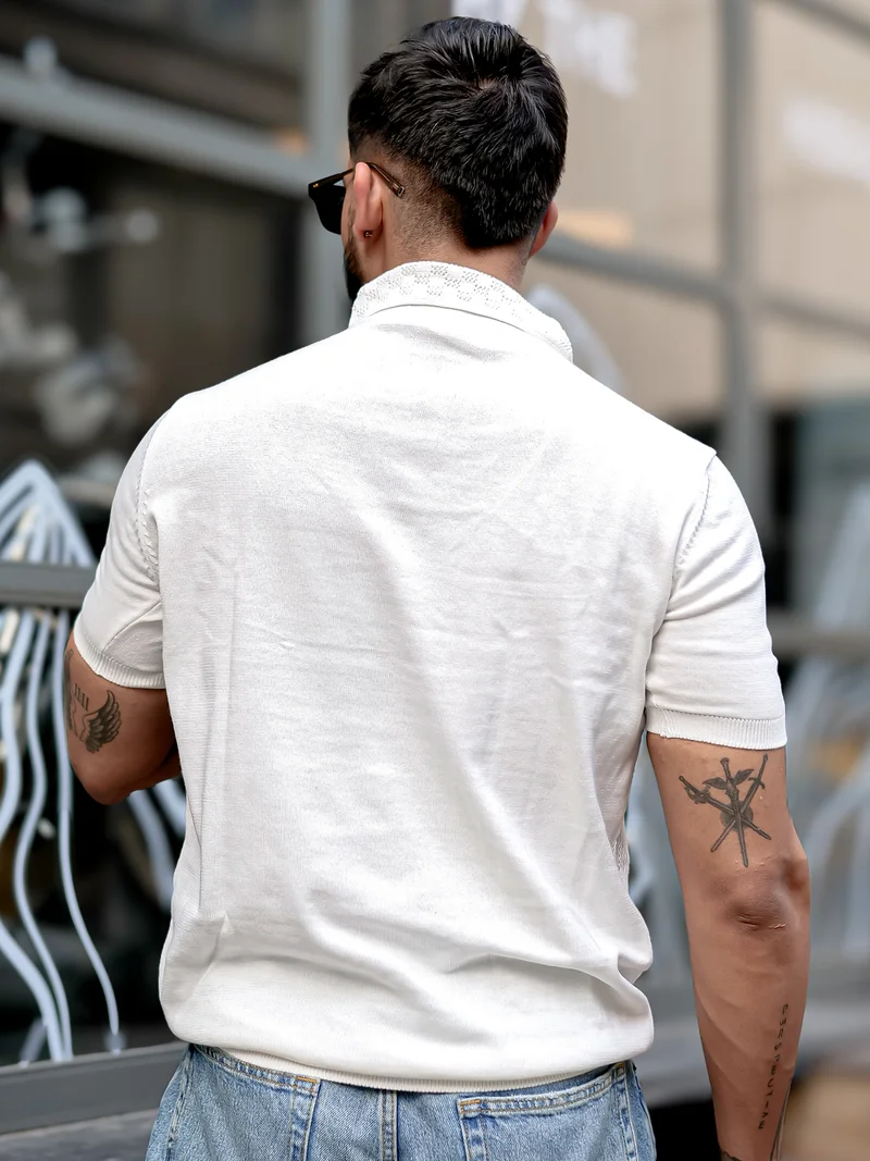 Maniac  Maniac Mens solid textured half zip polo neck half sleeve white cotton t-shirt for Men | Best Price UAE