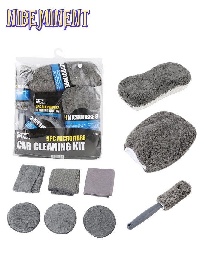 NIBEMINENT 9 Pcs/set Car Care Car Cleaning Kit with Soft Microfiber Cloth Towels, Wash Mitt Sponge, Automotive Detail Brushes  - Image 1