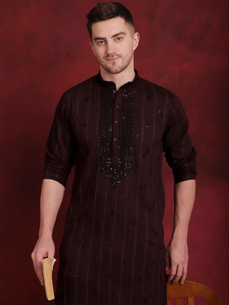 Jompers Sequins Embroidered Kurta Pyjama Set for Men. (Maroon, XL) - Image 5