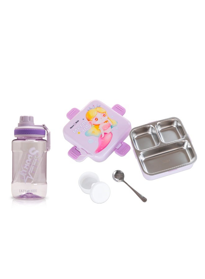 Nova kids صندوق غداء بنتو للأطفال من نوفا مصنوع من الفولاذ المقاوم للصدأ 3 أقسام مع زجاجة ماء، ملعقة وعلبة صلصة - بنفسجي حورية البحر - Image 1