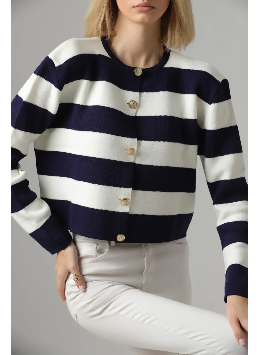 Winter Club Women's Crew Neck Navy Blue Striped Crop Cardigan