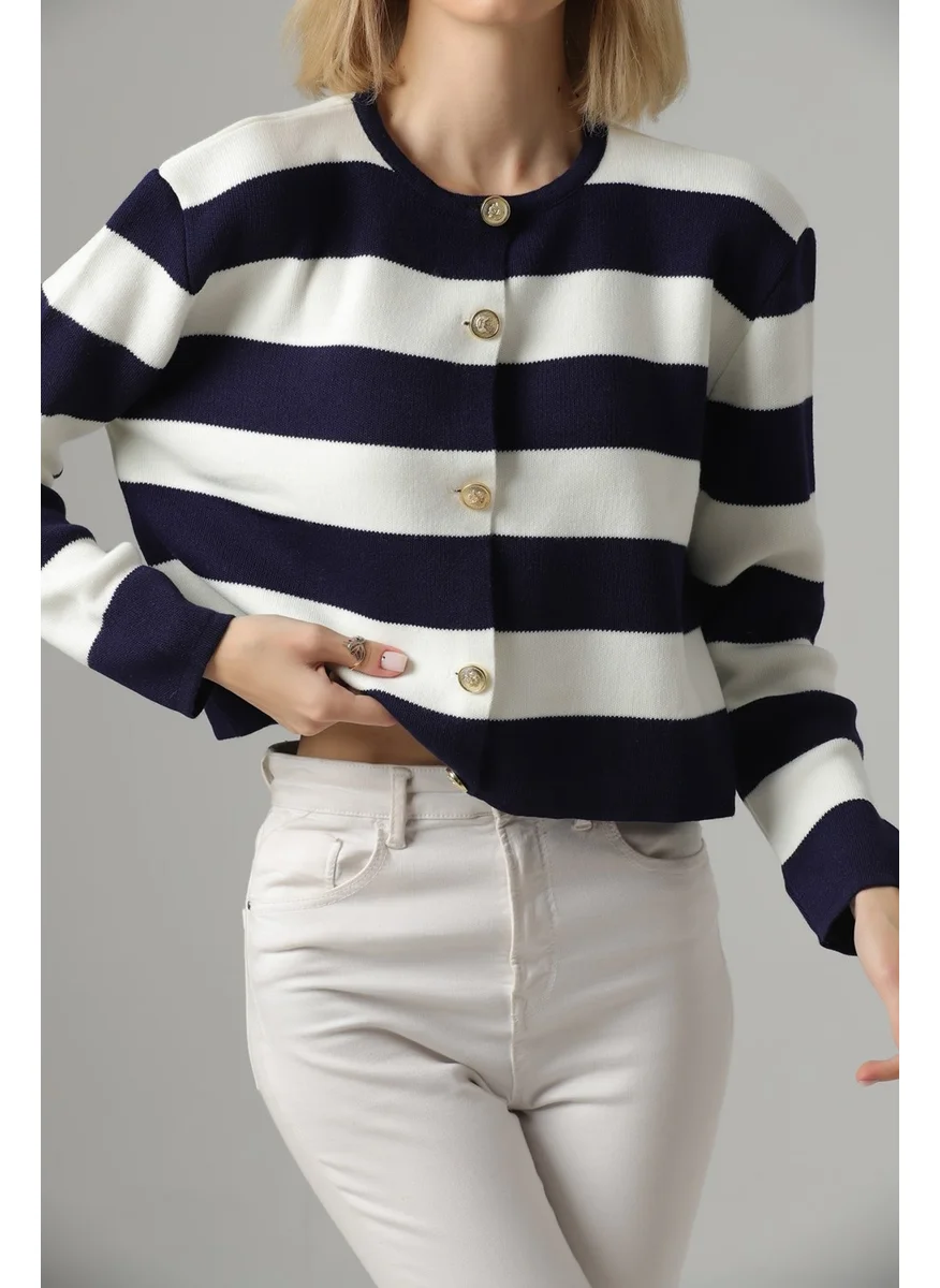 Winter Club Women's Crew Neck Navy Blue Striped Crop Cardigan