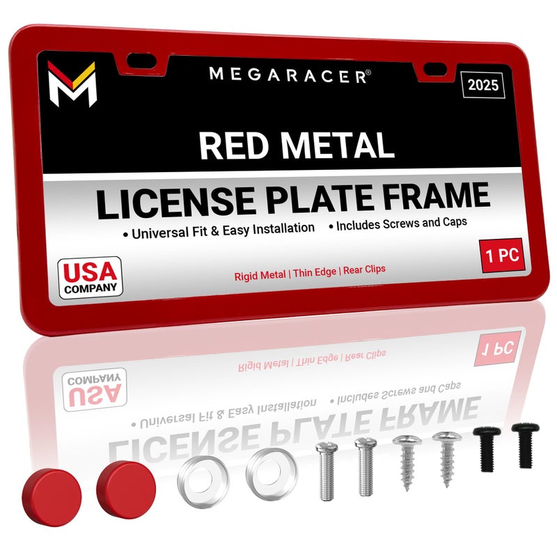 Mega Racer Premium Slim Red License Plate Frame â€“ 1 Piece, Rust-Free Stainless Steel, Street Legal & Rattle-Free, Universal Fit with Screw Caps, Sleek Thin Metal Front or Rear Car Tag Holder for Men & Women - Image 1