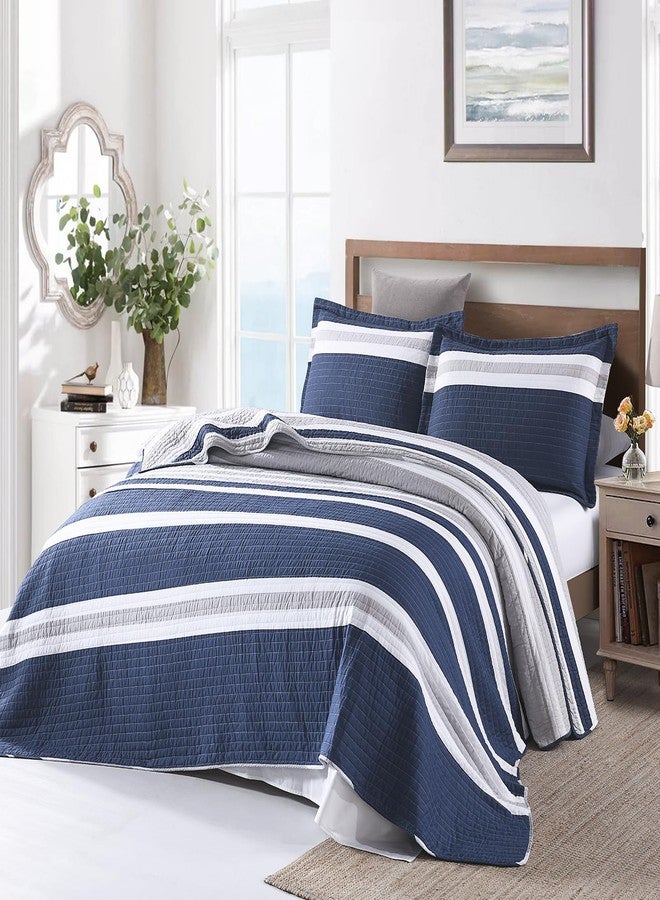 PERHOM Quilts Queen Size Navy Blue Striped Queen Quilt, 100% Cotton Queen Quilts with 2 Shams, Lightweight Soft Bedspreads/Coverlet/Bedding Set for All Season, 3 Pieces - Image 2