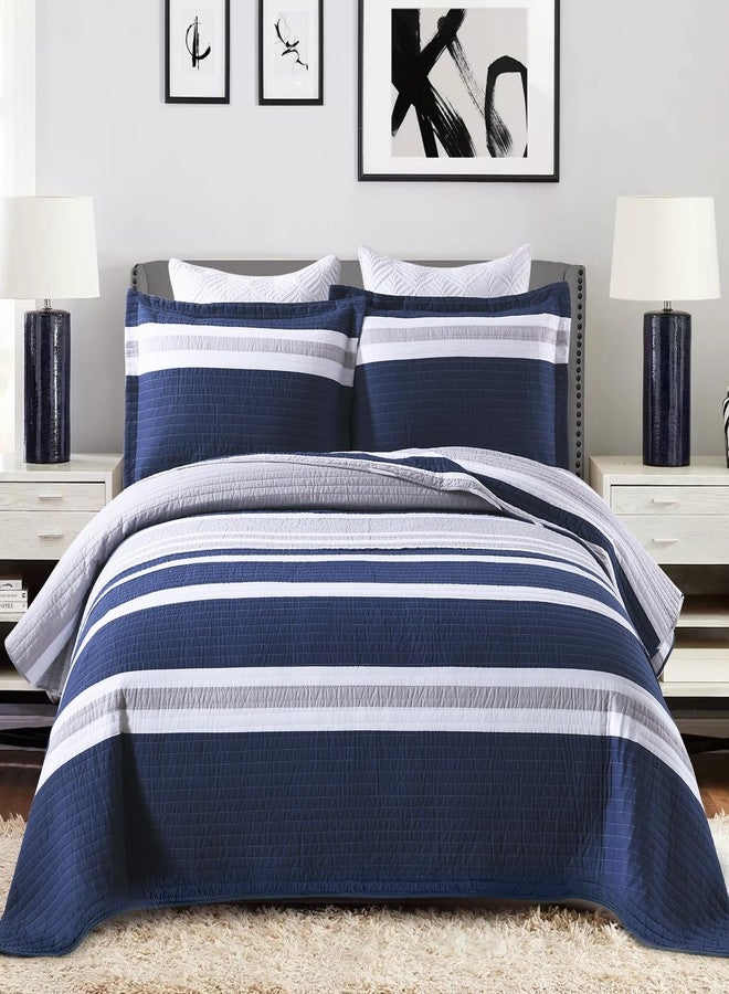 PERHOM Quilts Queen Size Navy Blue Striped Queen Quilt, 100% Cotton Queen Quilts with 2 Shams, Lightweight Soft Bedspreads/Coverlet/Bedding Set for All Season, 3 Pieces - Image 1