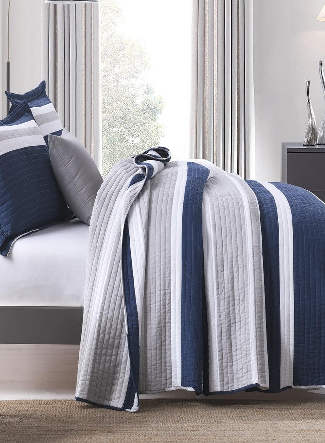 PERHOM Quilts Queen Size Navy Blue Striped Queen Quilt, 100% Cotton Queen Quilts with 2 Shams, Lightweight Soft Bedspreads/Coverlet/Bedding Set for All Season, 3 Pieces - Image 3
