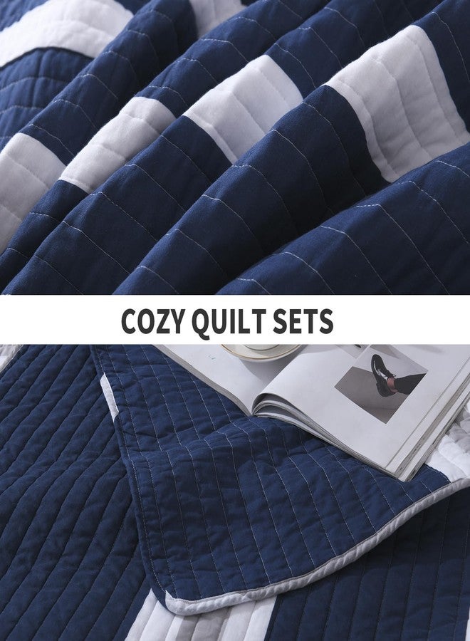 PERHOM Quilts Queen Size Navy Blue Striped Queen Quilt, 100% Cotton Queen Quilts with 2 Shams, Lightweight Soft Bedspreads/Coverlet/Bedding Set for All Season, 3 Pieces - Image 5